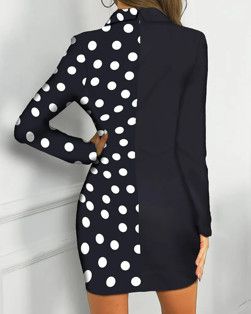 Dot Print Colorblock Insert Blazer Dress Polka Dot Patchwork Blazer Dress Female Dress Office Lady Vestidos