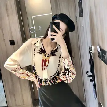 

Women Tops 2020 Summer High Quality Runway Shirt Silk Single Breasted Long Sleeve Shirts Print Fashion Vintage