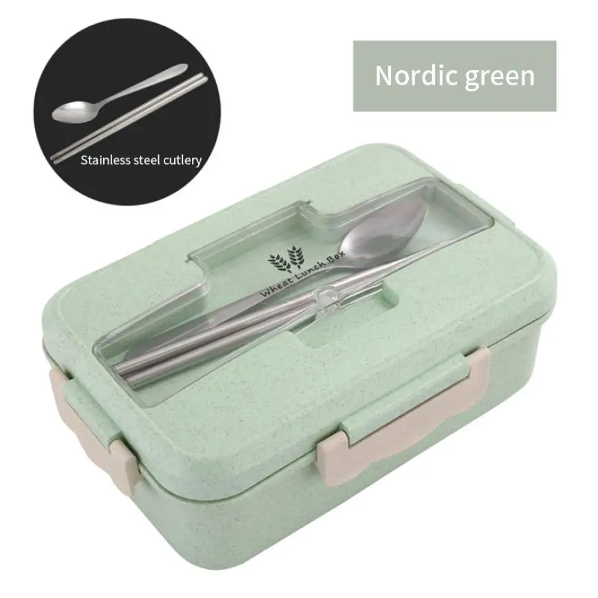 Портативный Ланч-бокс из пшеничной соломы для микроволновой печи, герметичный трехцветный контейнер для еды на день рождения - Цвет: Nordic  Green