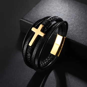 Prayer Style Multi Layer Design Stainless Steel Fashion Men's Cross Leather Bracelet Classic Christmas Gift For Men Women