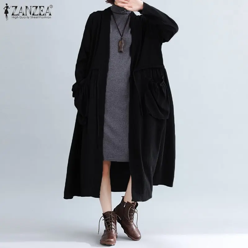 ZANZEA, женские длинные пальто, куртки, Осень-зима, Повседневная Верхняя одежда с длинным рукавом, одноцветная, Chaqueta, Ретро стиль, с ремешком на талии, Harajuku Casaco