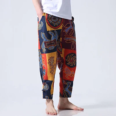 Spring and Summer New Men's Lighweight Linen Loose Harem Pants Chinese Style Pattern Ankle-Length Trousers Drawstring Cool - Цвет: Orange Color