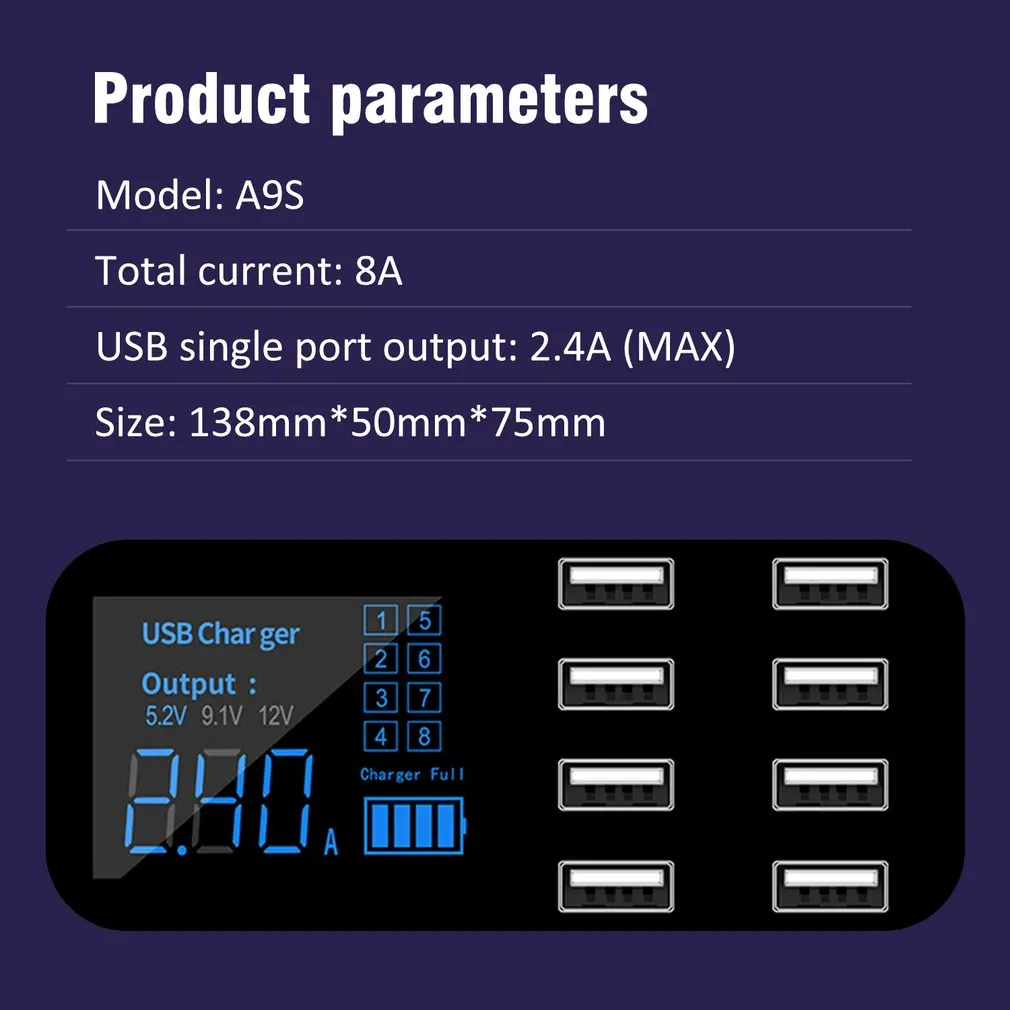 A9S Multi Fast USB Charger Charge Multiple 8 USB Phone Charging Station Universal USB HUB Charger LED Display