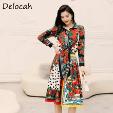 Delocah�Spring�Summer Women�Set Runway�Fashion�Designer Floral Printed Slim Blouses+Modern Knee Skirt Two�Pieces�Set�Lady�Suits