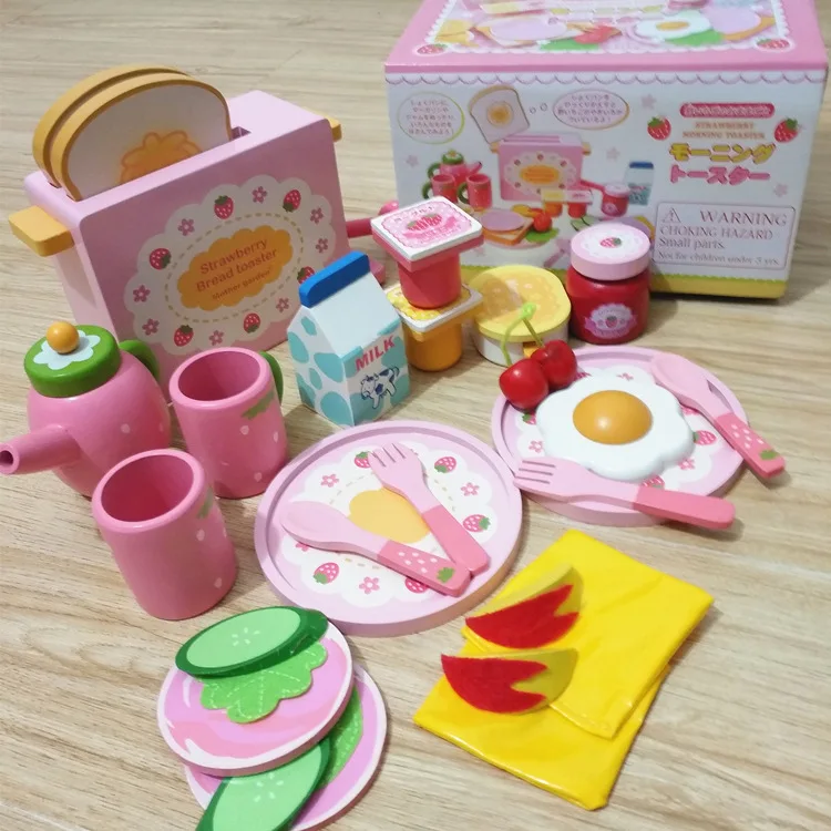 

New Style Strawberry Toast Bread Machine Set Model Appliances Children Play House Cutting Educational Wooden Toys