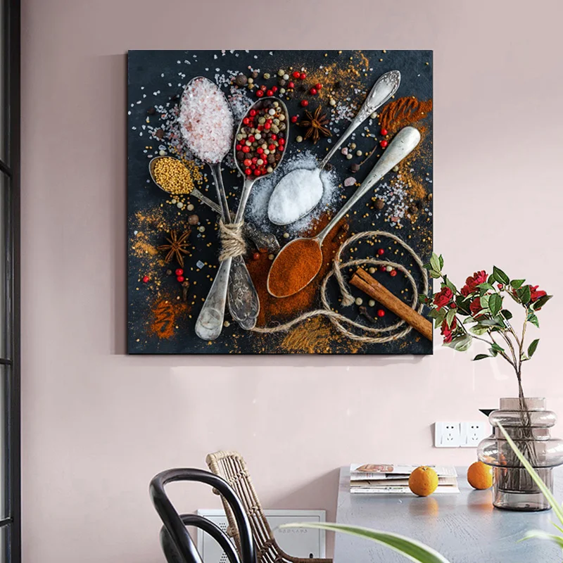 Renkli baharat ve kaşık resim duvar dekoratif tablolar baskılı tuval  üzerine posterler mutfak dekorasyon için Cuadros hiçbir çerçeve - AliExpress