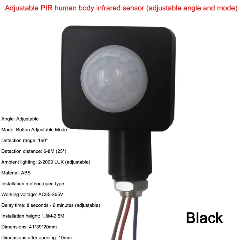 Высокое качество 10 мм 220 В инфракрасный датчик движения из pir детектор Регулировка режима переключатель вращается на 160 градусов для наружного светодиодный освещения - Цвет: Adjustable Black