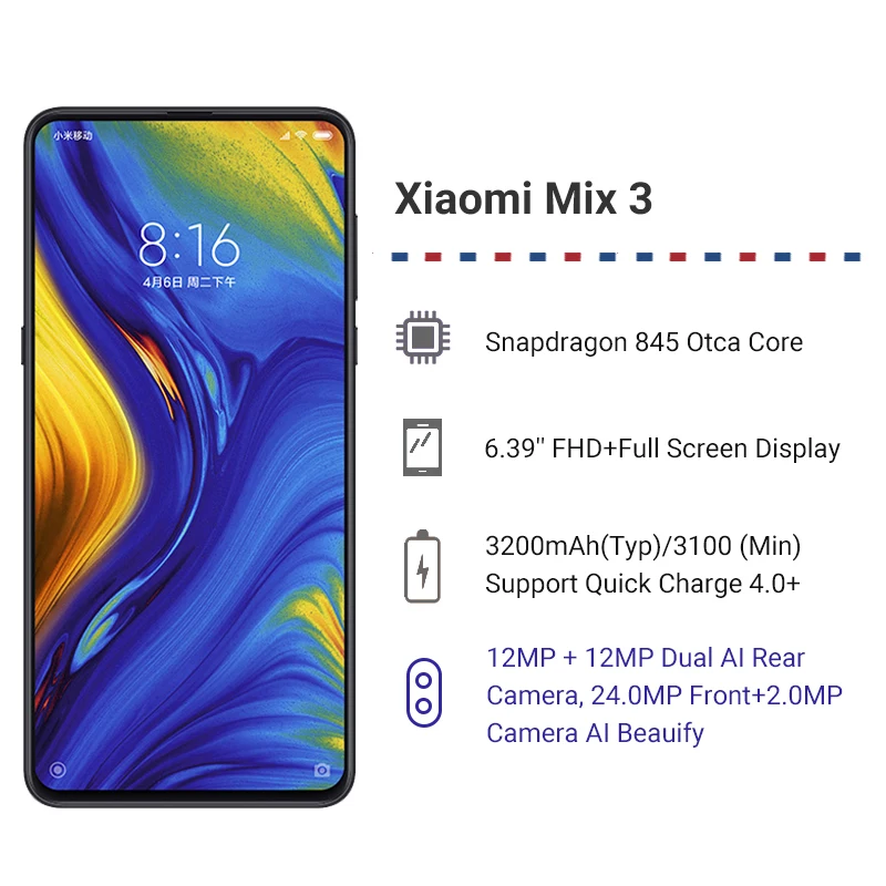  Global Rom Xiaomi Mi Mix 3 8GB RAM 256GB ROM Snapdragon 845 Octa Core 24MP 6.39