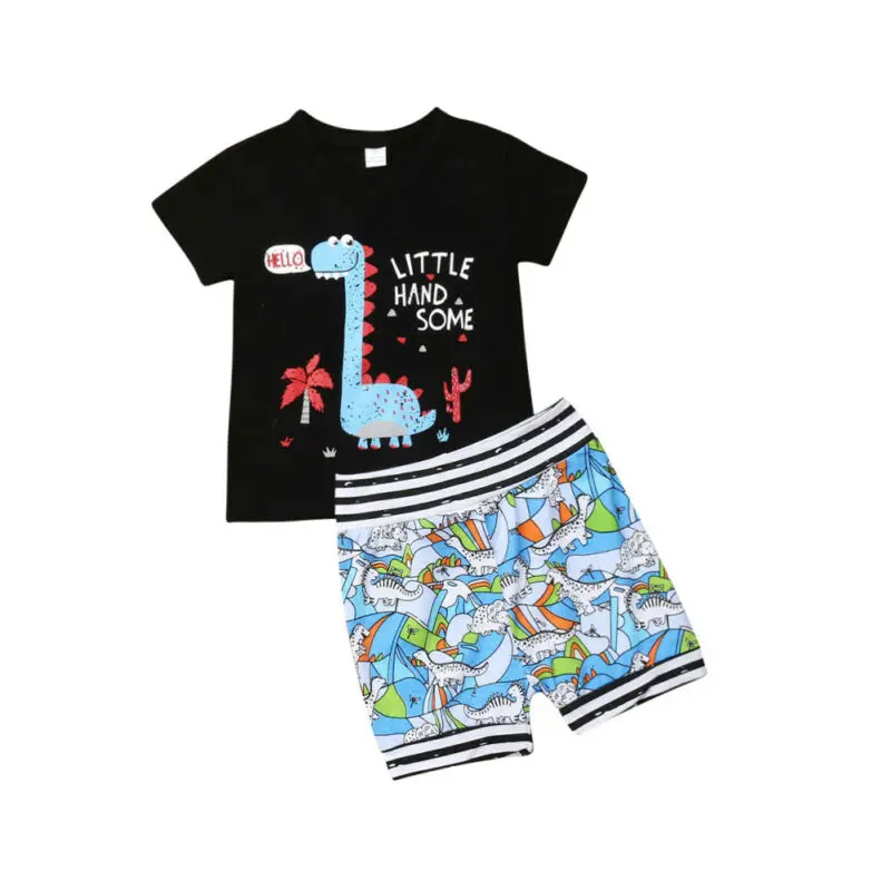 Комплект из 2 предметов, топы, одежда, штаны комплект одежды для маленьких мальчиков, футболка с динозавром+ короткие штаны летняя Милая модная одежда для маленьких мальчиков