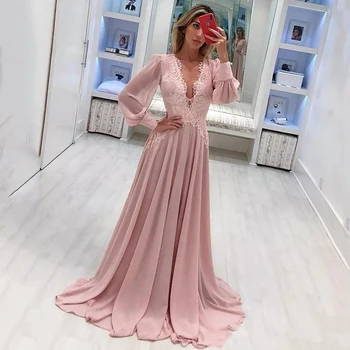 

Eightree Elegant Chiffon Prom Dresses Deep V Neck Long Sleeves Lace Formal Evening Dresses Floor Length Weddings Party Gown
