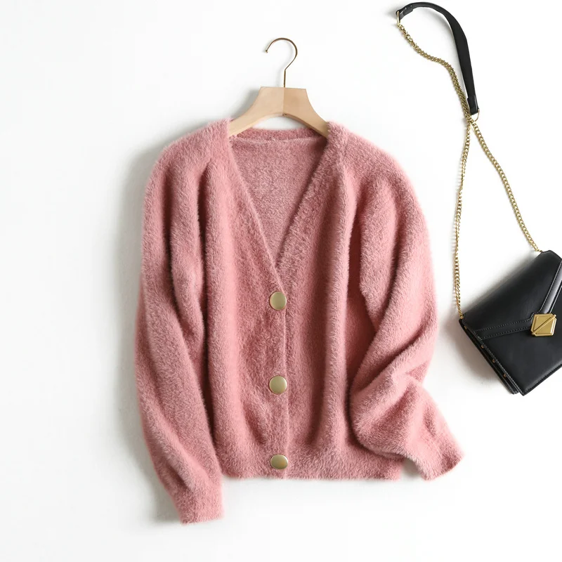 Tangada женский элегантный белый плюшевый кардиган, свитер с длинным рукавом и пуговицами, офисные женские мягкие вязаные свитера, топы BC22 - Цвет: Розовый