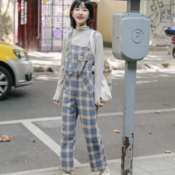 

Autumn Spring Preppy Style Women Suspender Sundress Sarafan Loose Plaid Woolen Overalls Dress Female Casual Dresses Plus Size