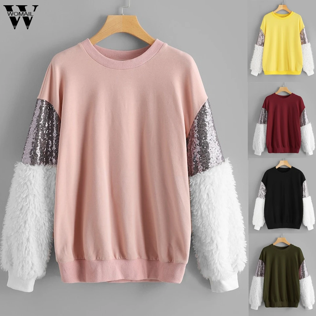 Womail свитшоты весна осень круглый вырез блестки Пушистый пуловер мода пэчворк с длинным рукавом женские свитшоты