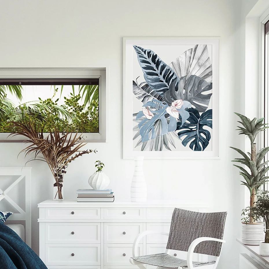 Modern Floral Tropical Blue Palm Leaf Canvas Painting Wall Art Prints Picture for Living Room Bedroom Home Decoration No Frame