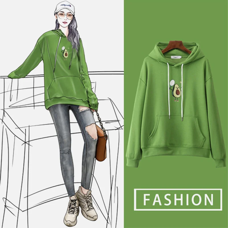 

Autumn Casual Hooded Hoodies Women Pockets Avocado Print Sweatshirt Hoody Female 2019 NEW Fashion Oversize Women's Sweatshirts