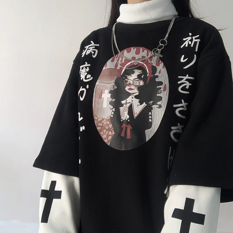 black hoodies Woherb/японский стиль Харадзюку; Лоскутные толстовки с длинными рукавами; свободная толстовка с принтом; имитация двух частей; Модные Новые Топы; уличная одежда; 91337 - Цвет: black hoodies