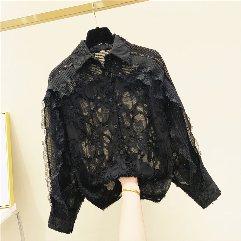 

Mesh Panel Fungus Ruffle Chiffon Shirt Women's 2020 Spring New Sequined Hollow Shirt Top Ladies White Shirts Bluzki Damskie
