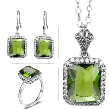価格 ジュエリーセットスターリングシルバー925ウェディングアクセサリー花嫁ジュエリーヴィンテージ平方ペリドット女性のためのイヤリングのペンダントのリングセット