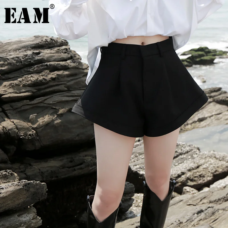 

[EAM] Women Black Brief Wide Leg Shorts New High Waist Loose Fit Trousers Fashion Tide All-match Spring Autumn 2019 1H066