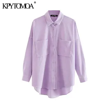 KPYTOMOA Women 2020 Fashion Pockets Oversized Corduroy Shirts Vintage Long Sleeve Asymmetric Loose Female Blouses Chic Tops 1
