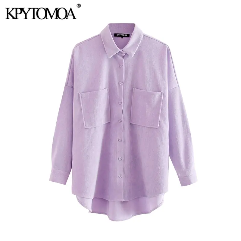 KPYTOMOA Women 2020 Fashion Pockets Oversized Corduroy Shirts Vintage Long Sleeve Asymmetric Loose Female Blouses Chic Tops