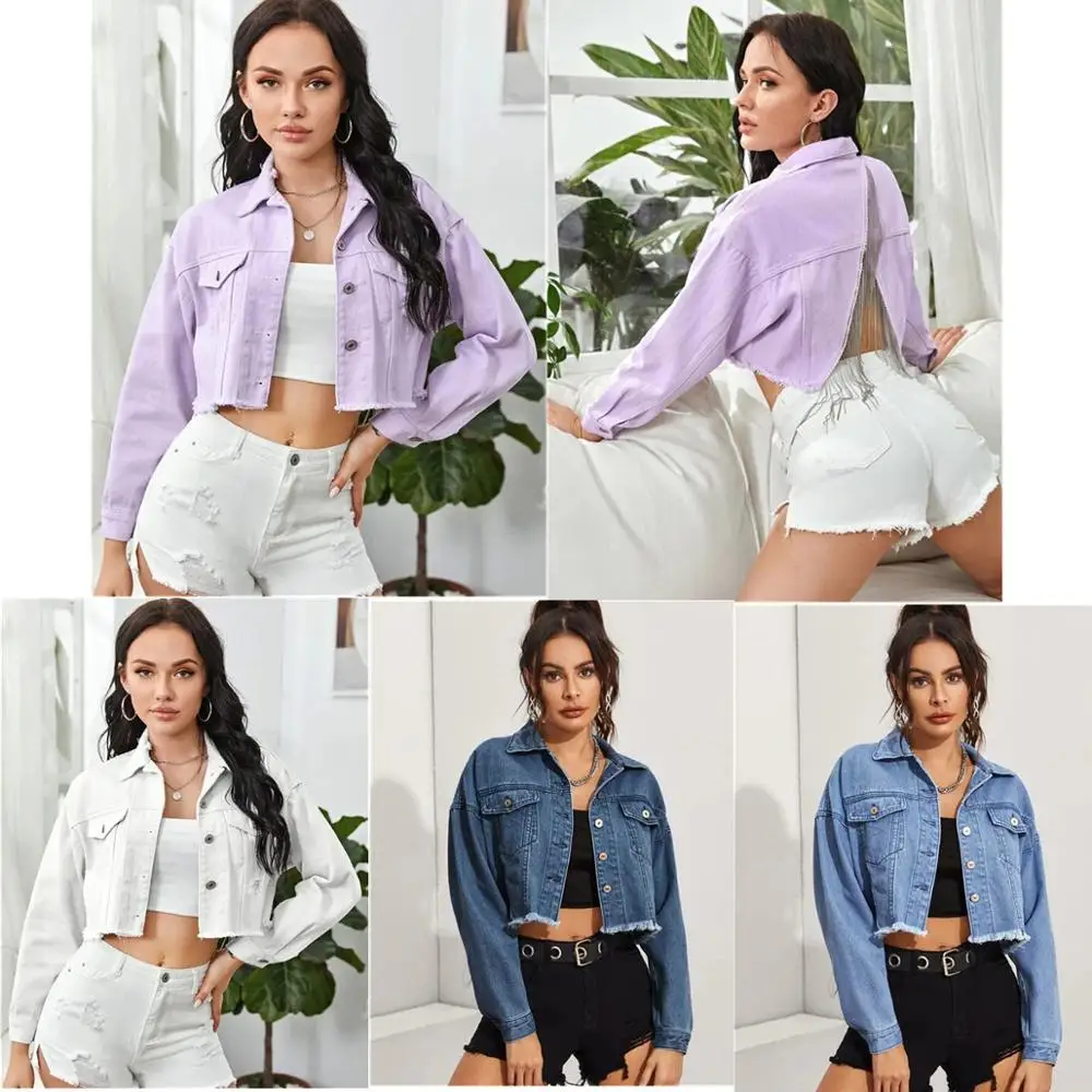 Женская Облегающая джинсовая куртка с бахромой Повседневная открытой спиной