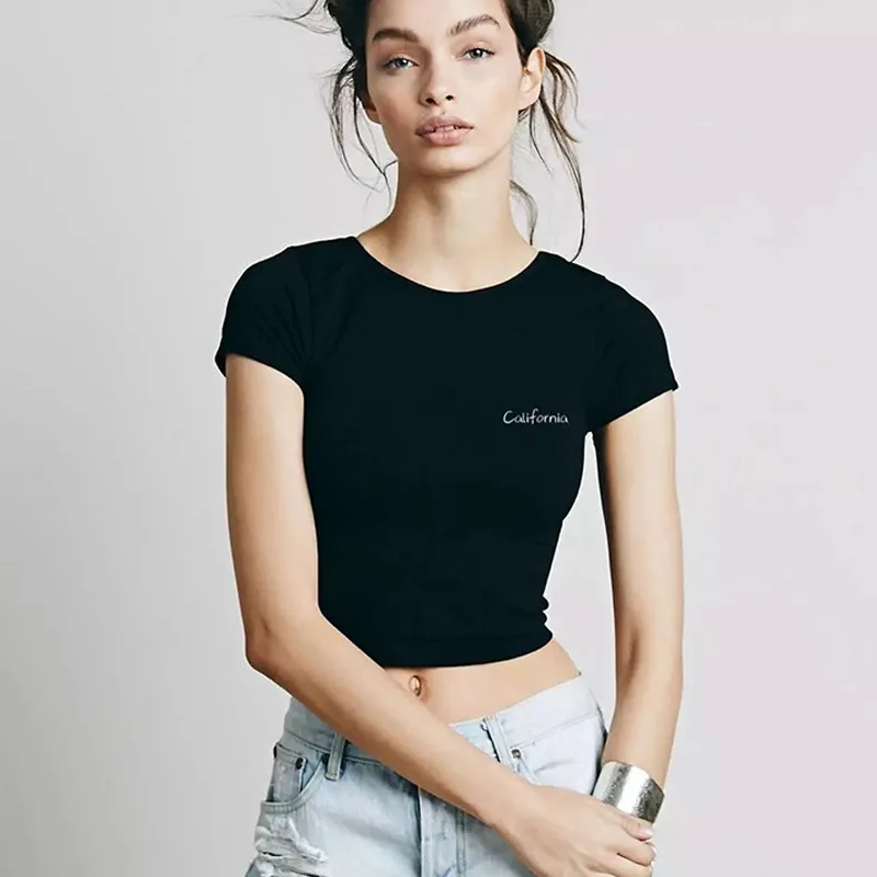 

California GIRL'S Tops Quick Drying Clothes Tight Navel Short Sports Lettered Fitness Suit Running Yoga Short-sleeved T-shirt