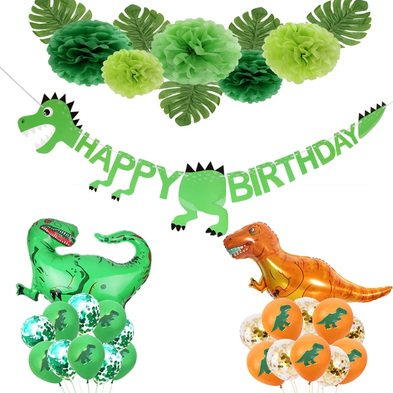 Ревущий динозавр баннер для украшения вечеринки будет одна вечеринка для мальчика день рождение бумага Цветок Дети сувениры милый динозавр баннер воздушные шары DIY поставка