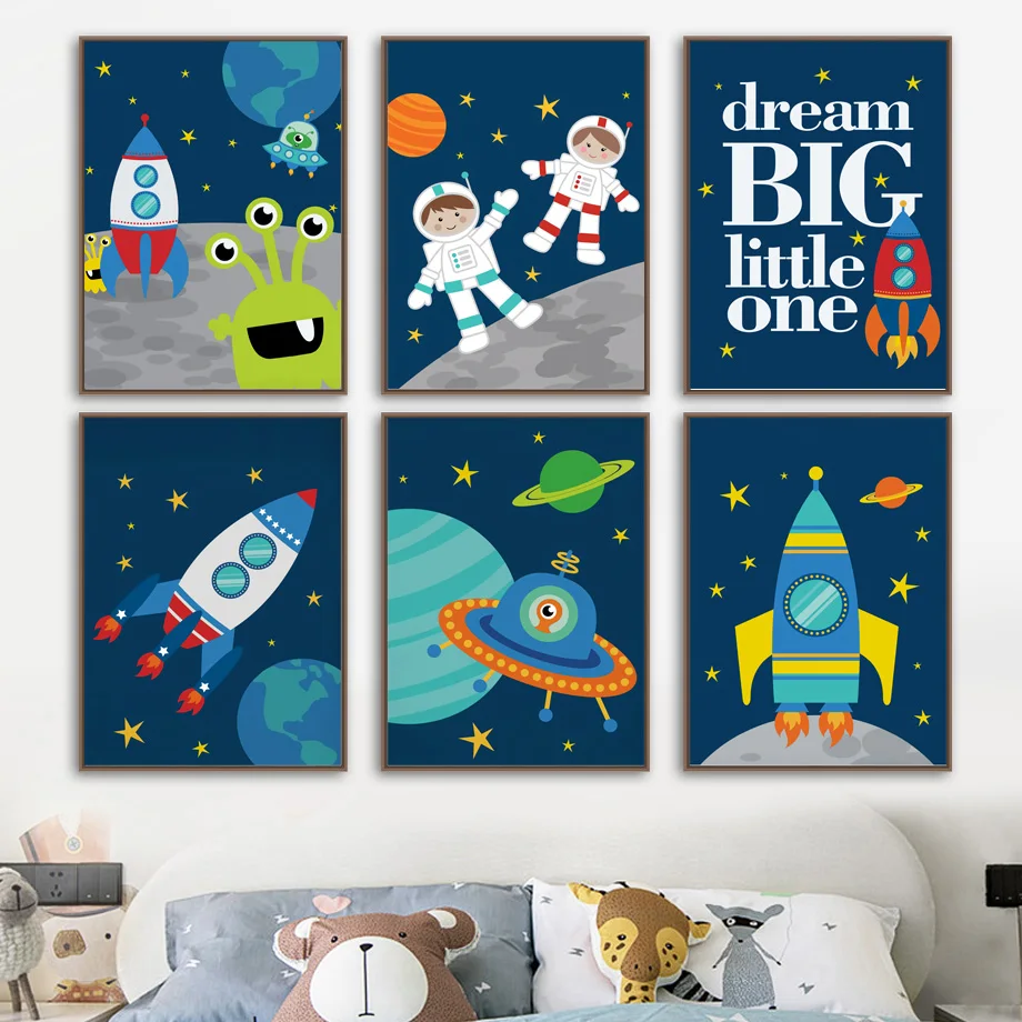 Personalised Space Rocket Dream Big Stars Dark Blue Wall Art Kids Picture 