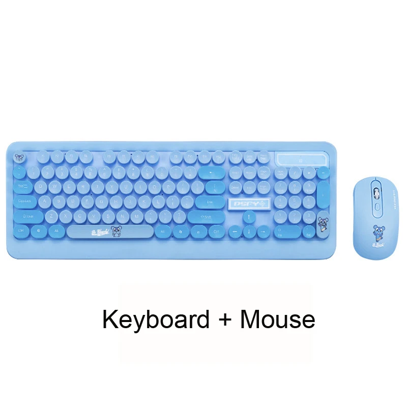 Беспроводной набор с клавиатурой и мышью игровой офисный Настольный Ноутбук милый панк ретро круглый брелок персональное периферийное устройство компьютера - Цвет: Синий