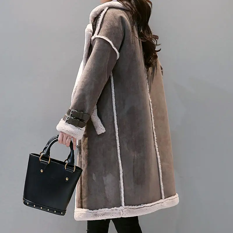 Зимняя женская куртка из искусственной овечьей шерсти и замши, модное Утепленное зимнее пальто, женские длинные парки серого и коричневого цветов, теплые женские пальто C6013