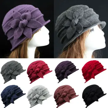 

2020 Warm Women's Ladies Winter Cap Elegant Wool Flower Hat Winter Vintage Cloche Bucket Cap Hats For Women Elegant Gorros Mujer