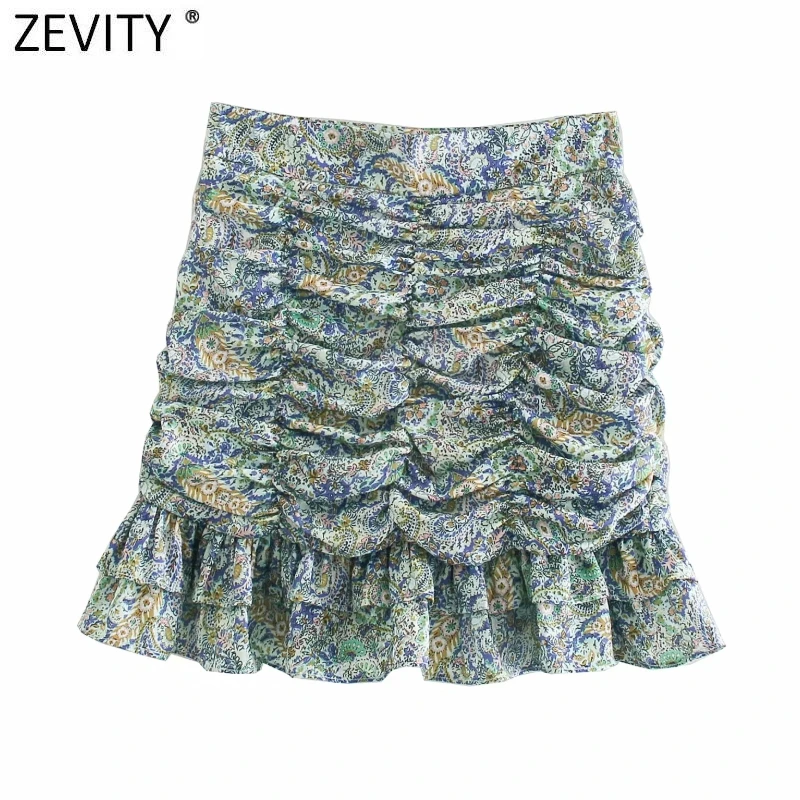 Zevity-Faldas plisadas con estampado Floral para Mujer, Faldas plisadas informales con dobladillo y volantes, con cremallera lateral, Vintage, QUN733