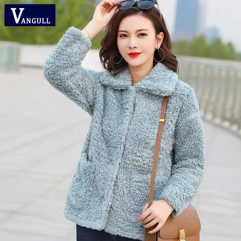 Sky blue Vangull/бархатные куртки из овечьей шерсти; зимнее теплое бархатное плотное Свободное пальто; Новинка года; Осенняя Повседневная однотонная верхняя одежда с длинными рукавами; топы - Цвет: Sky blue