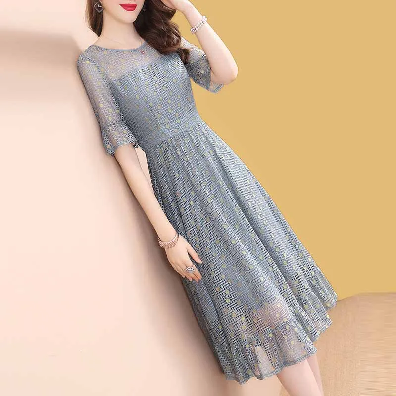 

Ozhouzhan Joint Lace Hollow out Waist Hugging Dress Women's Summer Mid-length 2019 New Style Popular Summer Skirt