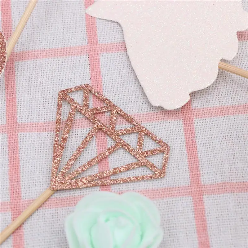 12pcs Cake Toppers Glitter Paper Skirts Diamonds Rings Shaped Cupcake Topper Set Fruit Picks Dessert Table Decorative