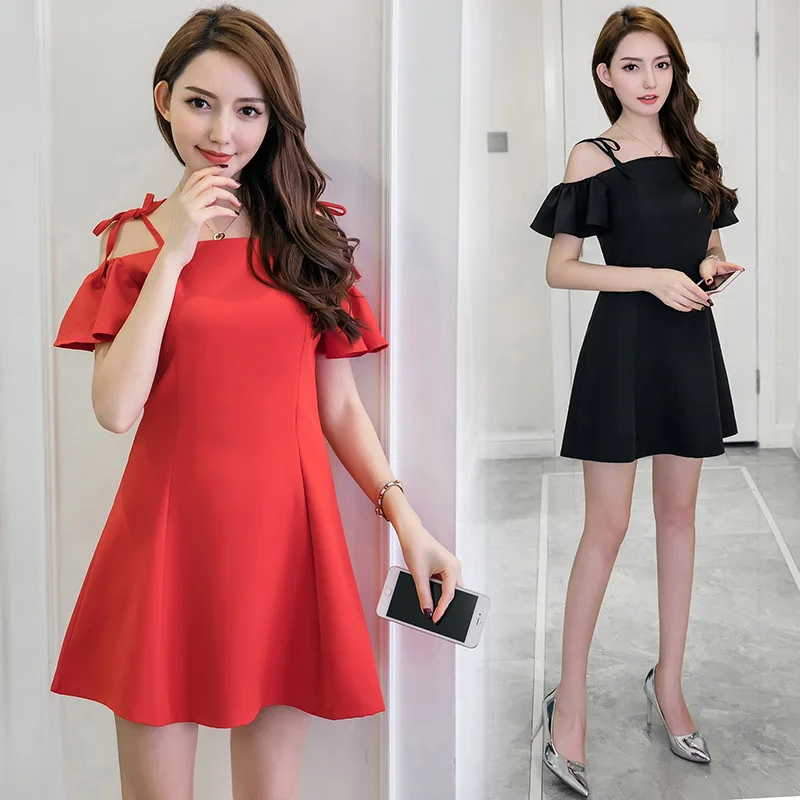 

2019 Summer New Style Korean-style WOMEN'S Wear Sweet Horizontal Neck off-Shoulder Bow Bell Sleeve Strapped Dress