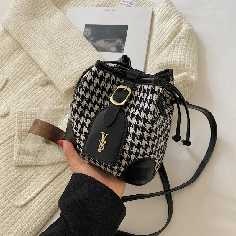 Women's Bag New Thousand Bird Lattice Bucket Bag Woolen Foreign Style Contrast Color Single Shoulder Messenger