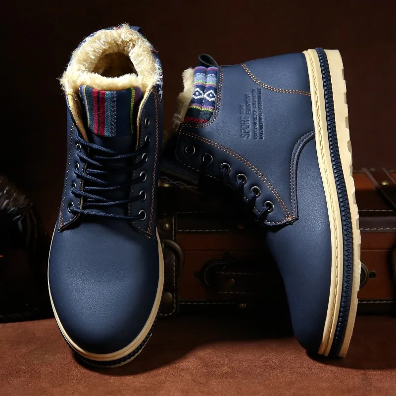 Winter Men Snow Boots Waterproof Men's Boots Warm Fleeces Men Winter Shoes High Top Ankle Leather Boots Men's Winter Sneakers - Цвет: Синий