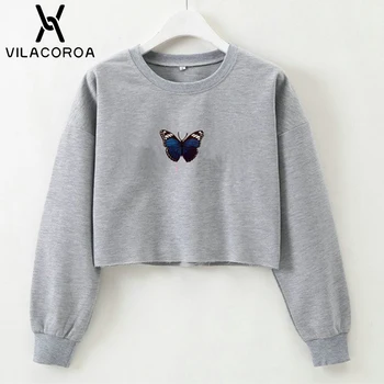 

Fashion Long Sleeve White Sweatshirts Women 2020 Butterfly Print Casual Clothing Pullovers Loose Sport Solid Hoodies Streetwear
