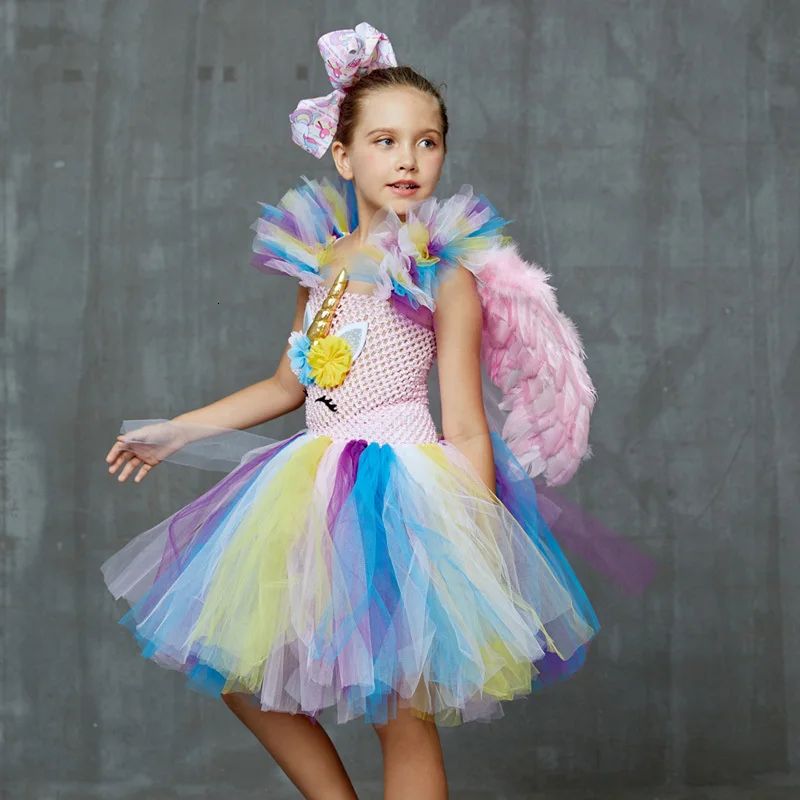 Kids Girls Unicorn Tutu Dress Pastel Rainbow Flower Princess Girl Birthday Party Dress Handmade Pageant Halloween Tutu Costume (6)