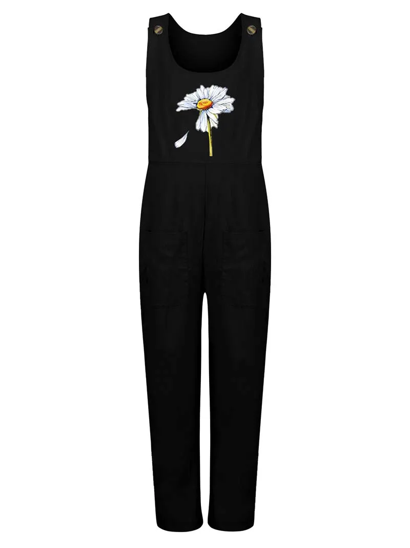 Womens Dungarees Print Rompers 2021 Summer New Ladies Casual Loose Linen Cotton Jumpsuit Sleeveless Pocket Overalls Playsuit