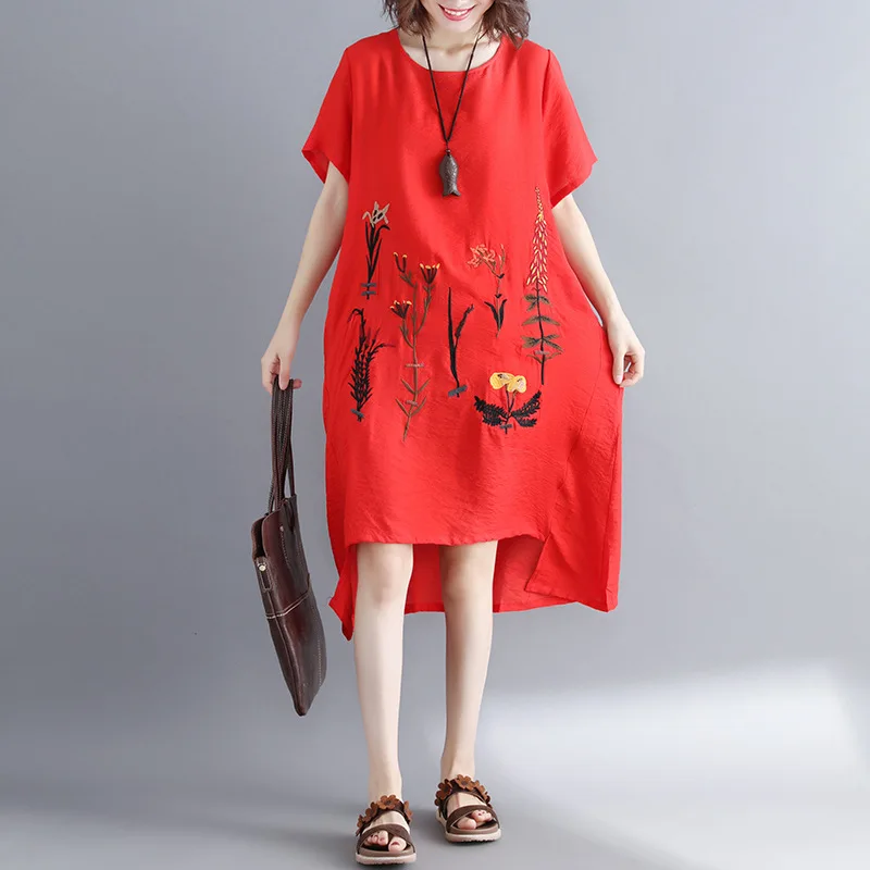 

Summer New Style 2019 Retro Loose And Plus-sized WOMEN'S Dress Fashion Comfortable Cotton Linen Mid-length Short-sleeve Dress Wo