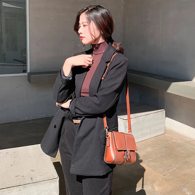 Elegant Double-breasted Women Blazer Notched Collar Work Style Female Suit Jacket Casual Brief Blazer Outerwear - Цвет: Black