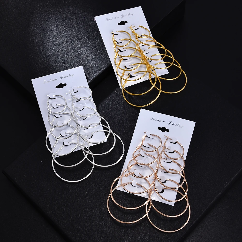 Новые простые 6 пар/уп. Модные металлические винтажные большие круглые серьги золотые серебряные вечерние серьги в стиле панк ювелирные изделия