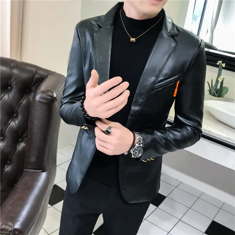 2019 autumn new men's artificial leather blazer men's fashion slim jacket white red black fashion streetwear leather blazer 2019 autumn new men's artificial leather blazer men's fashion slim jacket white red black fashion streetwear leather blazer