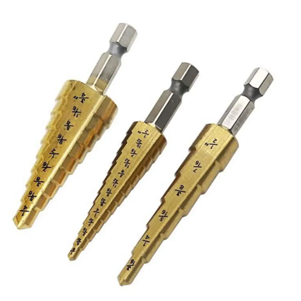 

HSS Steel Drill Bit Kit Kit Hexagon 3pcs 3pcs Titanium Titanium Reamer Reamer Cutter Coated Cone