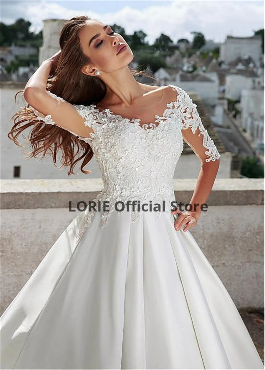 LORIE 2020 New Spring Lace Satin Wedding Dresses Simple Half Sleeve Scoop Beach Boho Bridal Gowns in Turkey Plus Size Long Train