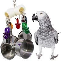 Pet Bird Parrot Toys 4 Stainless Steel Pots String Bird Chewing Bite Toys Acrylic Cage Accessories Pets Birds Supplies 1
