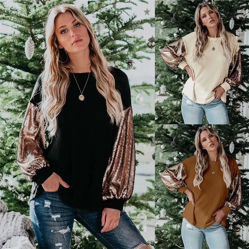 

free shipping 2020 Women´s Clothes Long Sleeves Patchwork Sequin knitted sweater Loose Top Crew Neck Informal casual for female